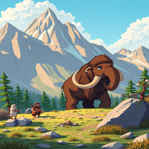 Generate an illustration of a prehistoric scene featuring cartoon cavemen and a woolly mammoth in a mountainous landscape, using a Canon EOS R5 with a 50mm f/1.8 lens, aperture set to f/4, ISO 100, and a bright daylight setting for vivid colors and sharp details.
