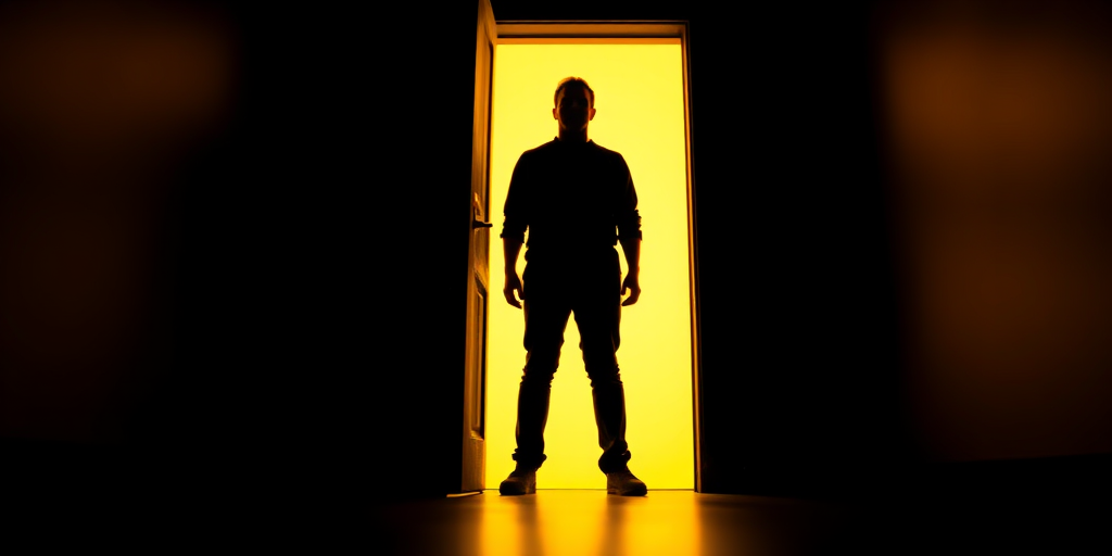 a silhouette of a person standing in a doorway with bright yellow light spilling into a dark room, captured using a full-frame camera with a 50mm lens, aperture set to f/1.8, ISO 200, shutter speed 1/100s, in a narrow depth of field for sharp focus on the silhouette, utilizing a dramatic low-angle view for impact