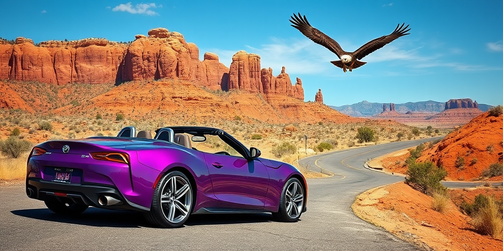 Regenerate an image of a sleek purple convertible car parked on a winding road with red rock formations in the background and a large eagle soaring above, using a DSLR camera, aperture f/4, ISO 100, shutter speed 1/200, 50mm lens, and a wide-angle view to enhance the landscape.