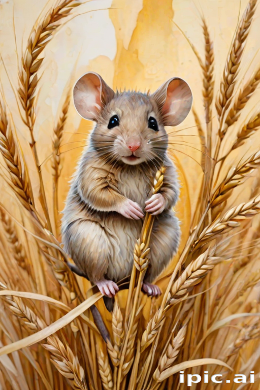 Soft, muted Alcohol Ink with ebru effect background image of tiny whimsical mousey, who climbed high on the top of a golden rye ear.