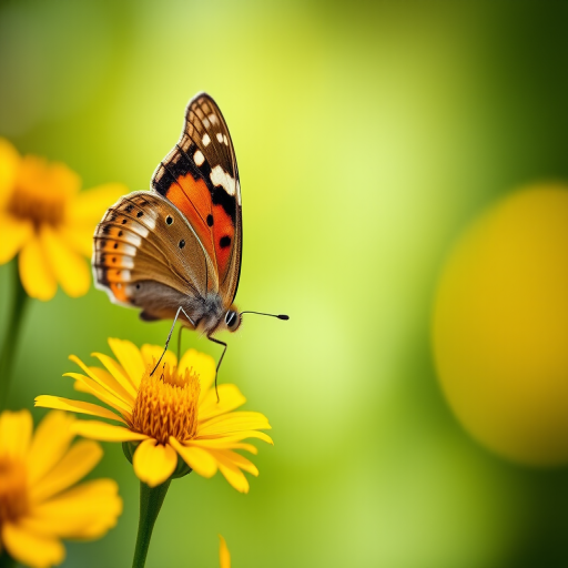 close-up shot of a butterfly perched on vibrant yellow flowers with a blurred green background, using a macro lens, aperture f/2.8, shutter speed 1/200 sec, ISO 100, natural light, DSLR camera, shallow depth of field