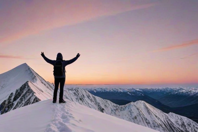 Sharp, high-resolution image of a snowy mountain peak at dawn, soft pink and orange hues painting the sky, a lone hiker standing at the summit, arms raised in triumph, snow-covered slopes stretching into the distance, a sense of awe and accomplishment captured.