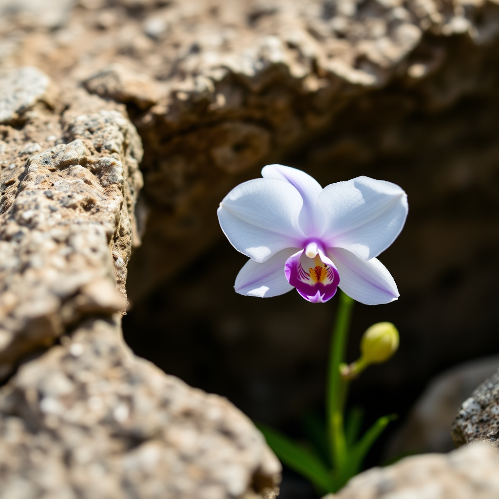 Close-up shot of a white and purple orchid blooming beside textured rocks, using a 50mm f/1.8 lens at ISO 100, aperture f/2.8, 1/200 sec shutter speed, natural light, DSLR camera, shallow depth of field for enhanced detail and background blur.