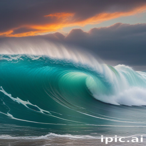 Majestic Ocean Wave Crashing Under Dramatic Sunset Sky and Clouds