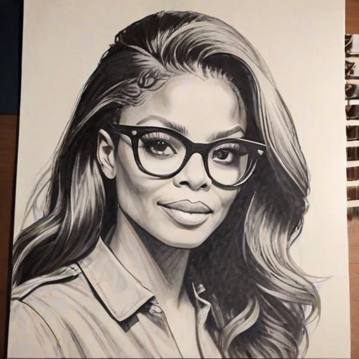 Magnificent Janet Jackson, pencil sketch, portrait of Charming woman 1965s in glasses, hair style beatnik, outline, clear lines, fine lines, 8k