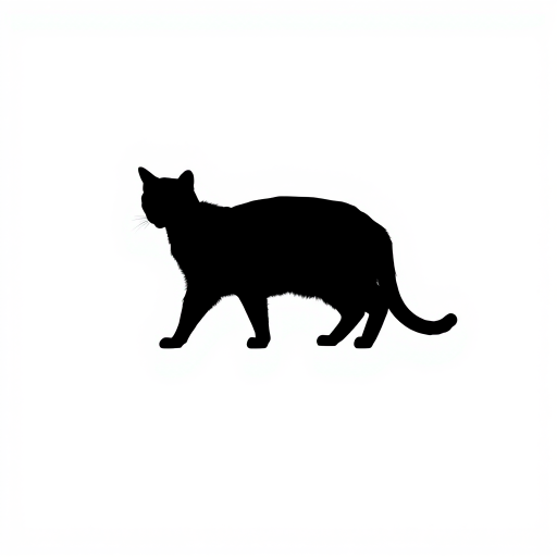 Generate a high-resolution image of a minimalist black cat silhouette against a white background, captured with a DSLR camera at f/2.8 aperture, ISO 100, 50mm lens, taken from a low angle to enhance depth and detail.