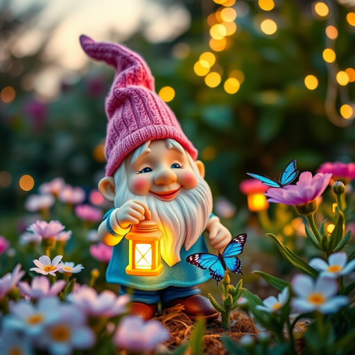 Create a whimsical garden scene featuring a cheerful gnome with a vibrant pink and blue hat, holding a glowing lantern in one hand and a delicate blue butterfly perched nearby, surrounded by soft pastel flowers and twinkling lights in a twilight setting, captured with a Canon EOS R5 at f/1.8, ISO 200, 1/200s, using macro lens for enhanced detail and a shallow depth of field.
