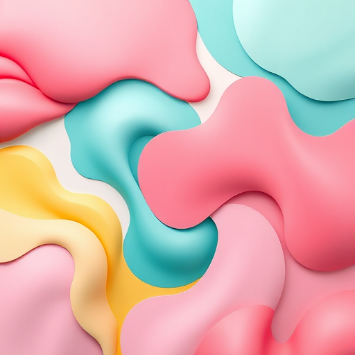 Create an abstract illustration with flowing shapes in vibrant colors like pink, teal, and yellow, using a top-down view, captured with a DSLR camera at f/4 aperture, 100 ISO, with a 24mm lens for enhanced clarity and detail.