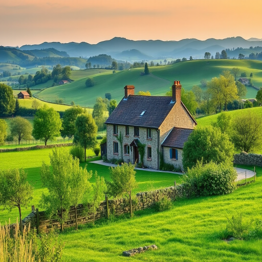 capture a serene countryside scene featuring a beautiful stone farmhouse surrounded by lush greenery and rolling hills in the background, use a DSLR camera with an aperture of f/8, ISO 200, shutter speed 1/250s, 24mm lens in landscape orientation to enhance image quality