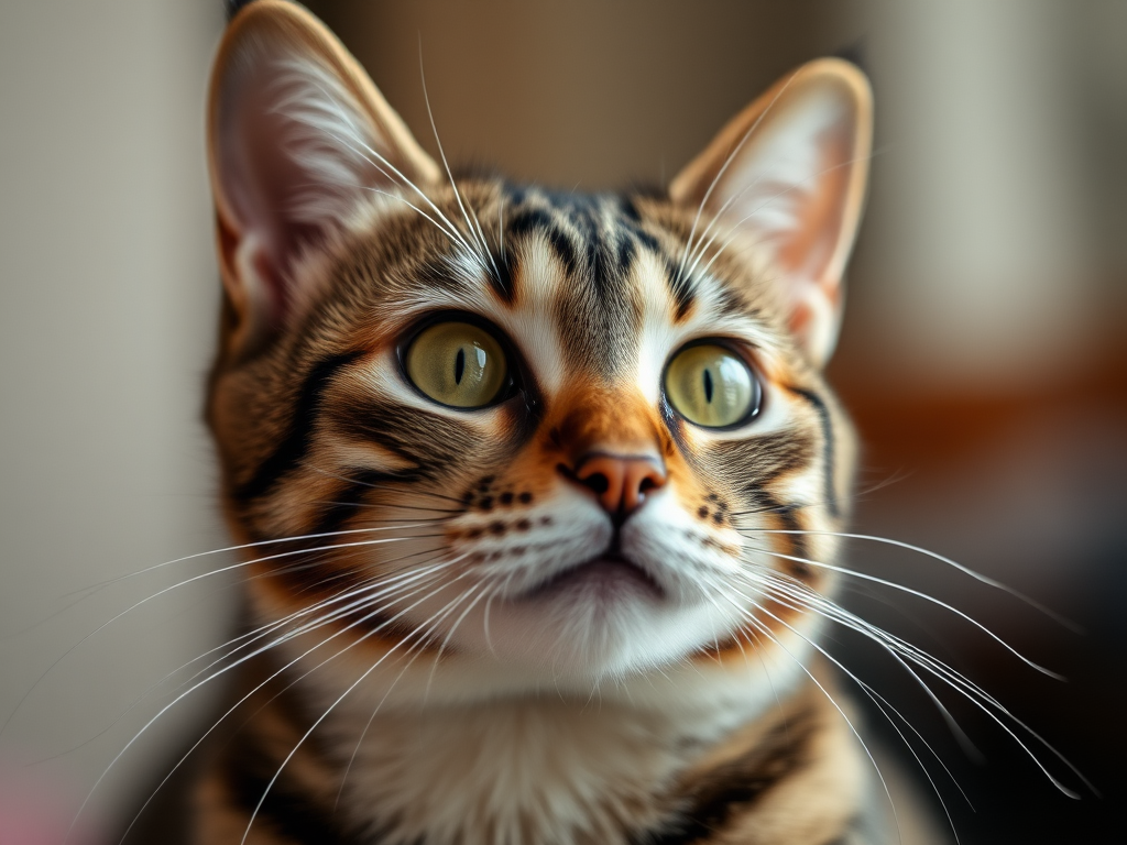 A close-up shot of a curious tabby cat with a soft focus background, taken with a Canon EOS 5D Mark IV, 50mm f/1.8 lens, aperture f/2.8, shutter speed 1/250s, ISO 400, natural light to enhance image quality.