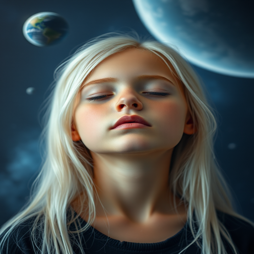Create a serene portrait of a young girl with white hair, eyes closed in contemplation, set against a cosmic background featuring Earth and a distant planet, captured with a Canon EOS R5 at f/1.8, ISO 100, and 1/200s, using a shallow depth of field for a dreamy effect.