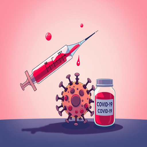 Create an illustration featuring a cartoonish representation of a COVID-19 virus with a large syringe filled with red liquid hovering above it, and two jars labeled "COVID-19 Vaccine" filled with red liquid beside it, using vibrant colors and a soft gradient background, captured with a Canon EOS R5 at f/8, ISO 100, 50mm lens, in a digital illustration style.