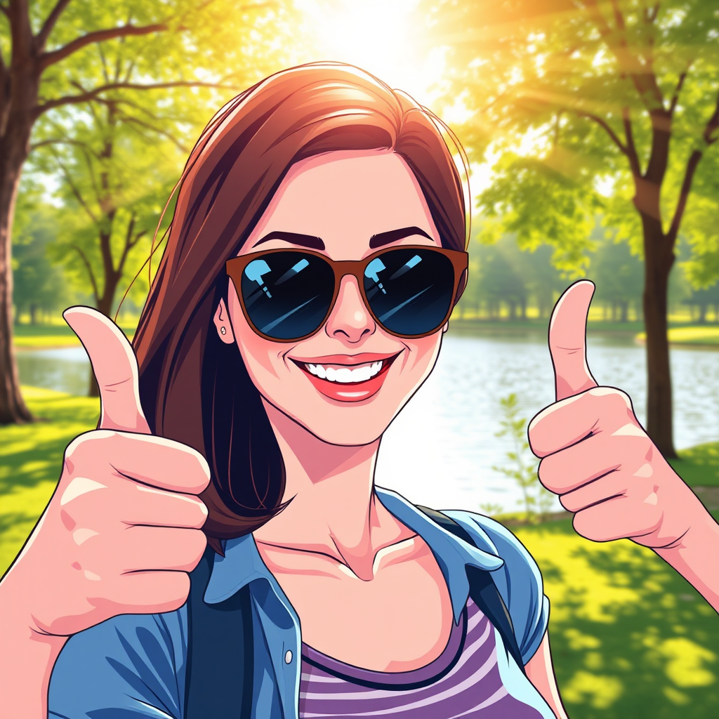 Create an illustration of a smiling woman with shoulder-length hair wearing sunglasses, giving thumbs up in a park setting with a lake and trees in the background, use vibrant colors, emphasize sun rays in the sky, shot with a Canon EOS R5, 35mm lens, f/1.8 aperture, with a bright and cheerful atmosphere.