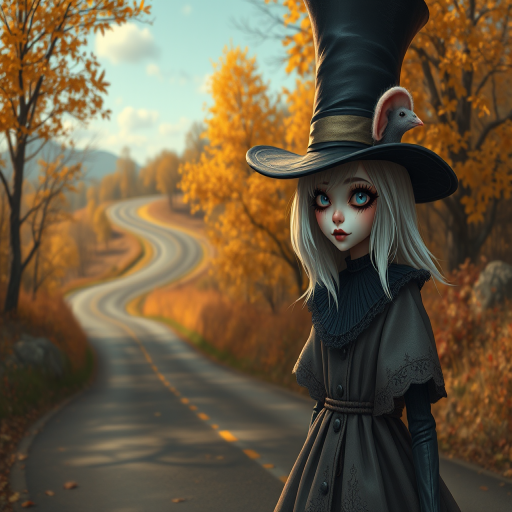 digital art fantasy depicting a strange girl with white hair, long eyelashes, black lipstick and a tall hat walking along a winding road on an autumn afternoon, an Rat smiles as she passes
