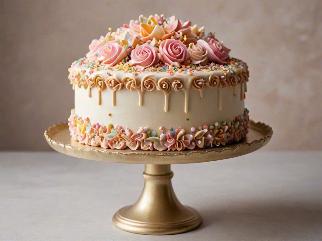 Create an image of a beautifully decorated cake. The cake should have a smooth, light beige frosting on the sides and a decorative top with intricate ruffles. The base of the cake should be adorned with a variety of colorful sprinkles, edible pearls, and confetti-like decorations in pastel colors, including pink, gold, and silver. The cake should be presented on a simple, elegant cake stand against a neutral background.