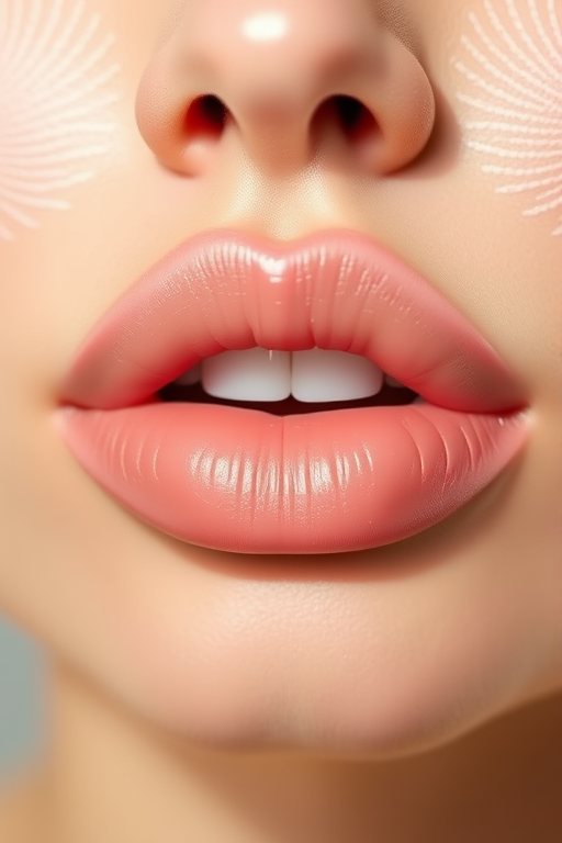 Hydrating nude pink lips with a satin finish, christened "Dewy Dawn," offering a natural-looking tint and nourishing properties for all-day comfort