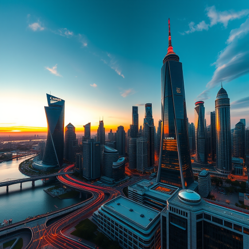 Generate a detailed image of a futuristic city skyline at sunset, captured with a Canon EOS R5, ISO 100, f/8, 1/125s, wide-angle view to enhance depth, vibrant colors and high contrast to emphasize the architectural details.