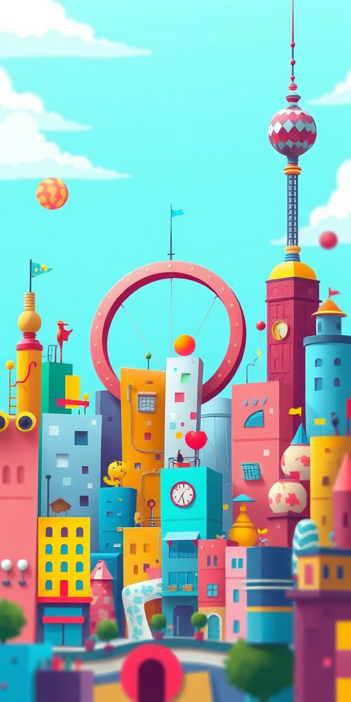 Create a vibrant digital illustration of an imaginative cityscape featuring colorful abstract buildings, including a prominent circular structure, a tower, and various whimsical elements, using a soft focus technique, 50mm lens, aperture f/8, ISO 100, with a wide-angle view to capture the full scene.