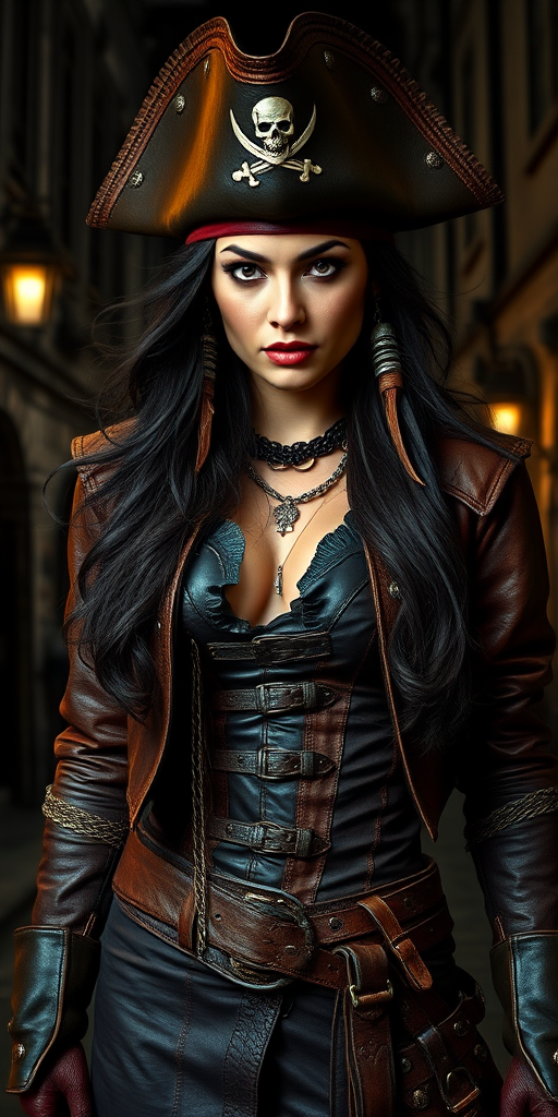 Create a portrait of a fierce female pirate. She wears a leather tricorn hat adorned with a skull and crossbones emblem, and her long, dark hair flows around her face. Her outfit consists of a richly detailed leather jacket, a corset, and multiple layers of belts and accessories, giving her a formidable and stylish appearance. She stands confidently in a dimly lit, historic port town, with a backdrop of weathered buildings and cobblestone streets, capturing the adventurous spirit of a pirate.