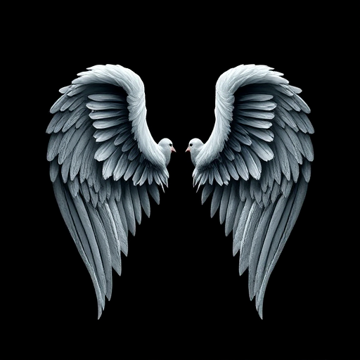 Create a high-resolution digital illustration of stylized angel wings on a black background, using a Canon EOS 5D Mark IV with a 50mm f/1.8 lens, aperture set to f/2.8, ISO 100, and a soft focus effect for enhanced detail and contrast.