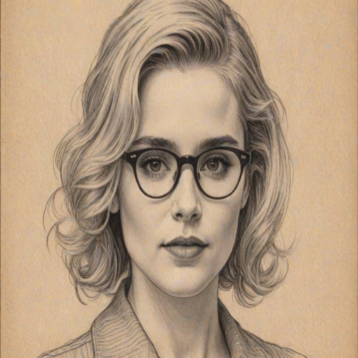 Gorgeous Alison Lohman, pencil sketch, portrait of Wonderful woman 1935s in glasses, hair style beatnik, outline, clear lines, fine lines, 8k