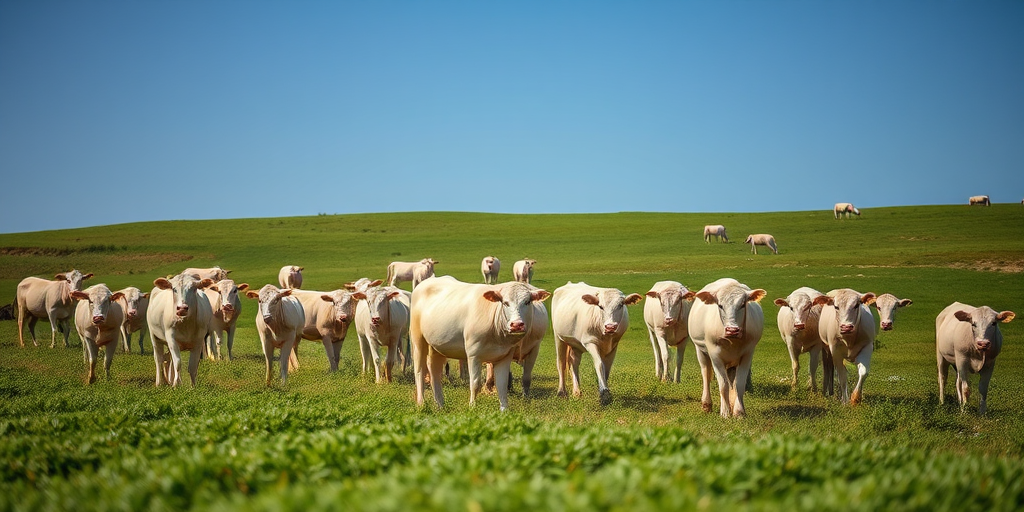 A picturesque rural landscape featuring a herd of white cows grazing in a lush green field under a clear blue sky, captured with a Canon EOS 5D Mark IV, 50mm lens, f/2.8 aperture, ISO 100, 1/500 shutter speed, with a shallow depth of field to enhance the foreground cows while softly blurring the background.