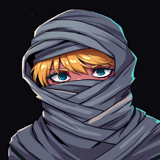 Create a stylized illustration of a person wrapped in bandages, revealing a blonde-haired face peeking through, set against a dark background, captured with a high-resolution digital camera, 50mm lens, f/2.8 aperture, in a vibrant color style with sharp focus and soft bokeh effect.