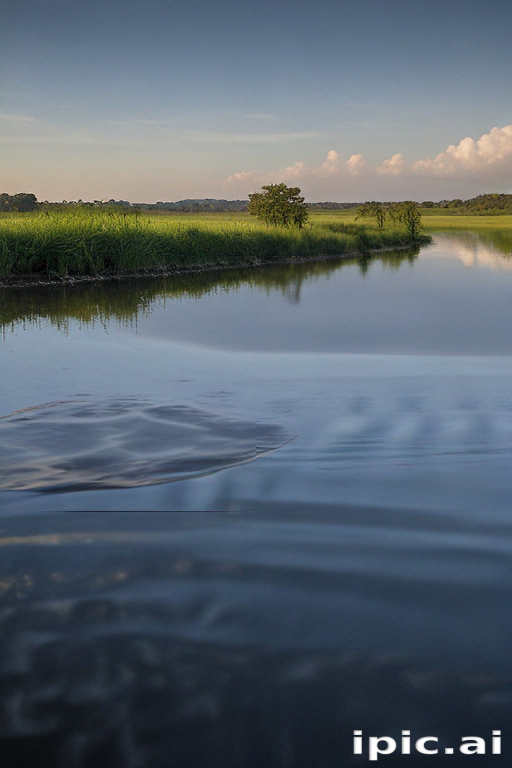 Tranquil River Landscape Reflecting Lush Greenery Under a Clear Blue Sky