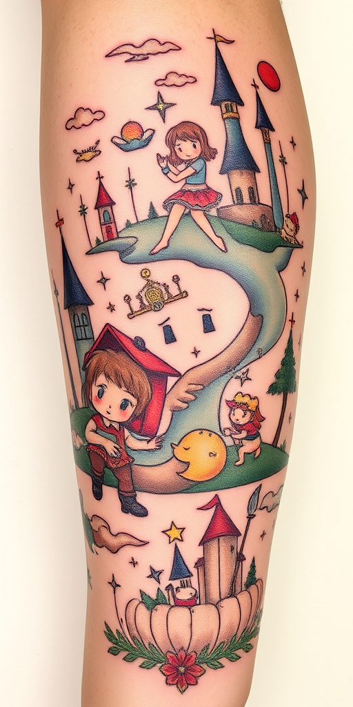 Illustrative tattoo called "Storybook Skin" depicting whimsical scenes and characters from fairy tales and folklore with a hand-drawn quality and soft color palette