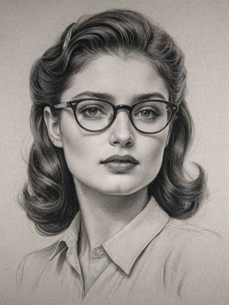 Magnificent Eve Hewson, pencil sketch, portrait of Alluring woman 1940s in glasses, hair style beatnik, outline, clear lines, fine lines, 8k