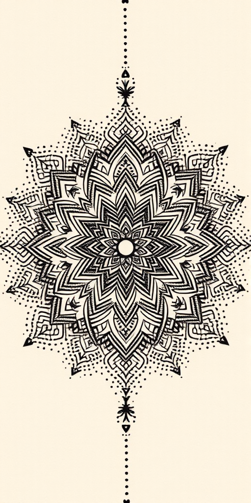Dotwork mandala tattoo called "Cosmic Symmetry" showcasing intricate patterns and sacred symbols meticulously crafted using thousands of tiny dots gradually fading from dense to sparse