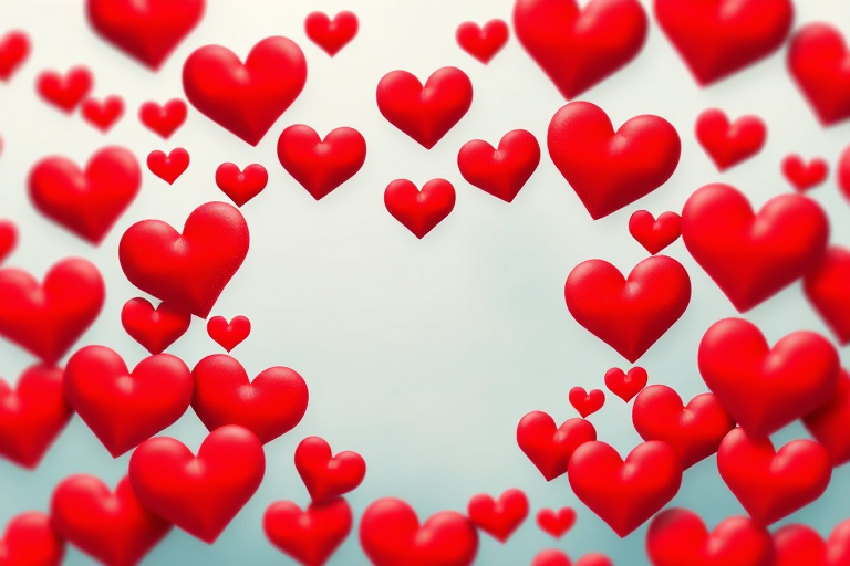 Create a vibrant collage of multiple red hearts forming a large heart shape, using a DSLR camera with a 50mm lens, aperture set to f/2.8, ISO 100, shallow depth of field, and a soft focus background to enhance the heart shapes' vivid colors and details.