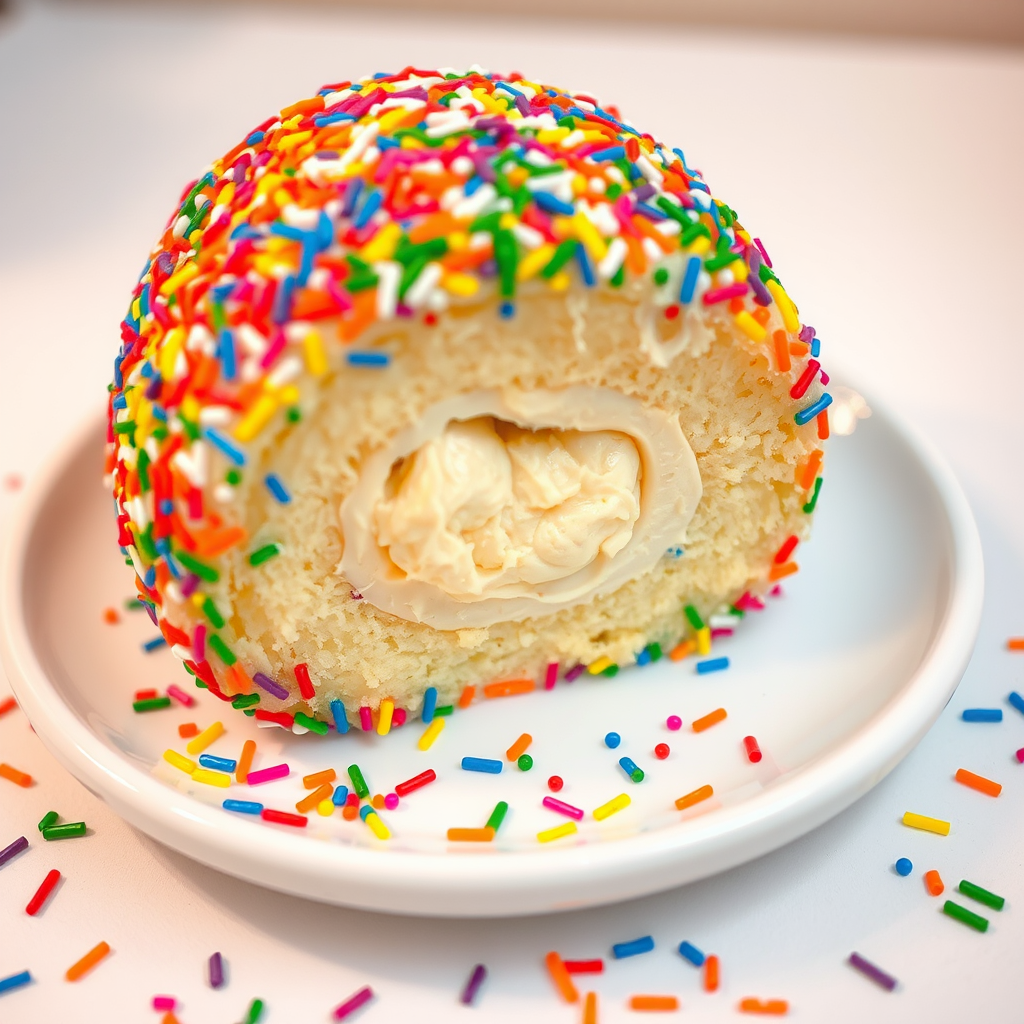 Colorful dessert roll covered in rainbow sprinkles with a creamy filling visible in the center placed on a white plate with more sprinkles scattered around and a light background.
