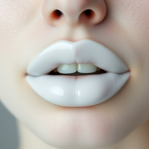 Opaque white lips with a ceramic-like finish, avant-garde and artistic, pushing the boundaries of conventional beauty
