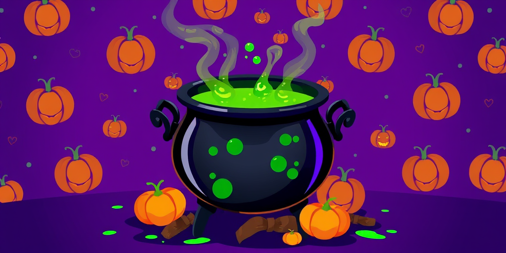 Create a vibrant illustration of a witch's cauldron with green bubbling liquid, set against a purple background filled with subtle pumpkin patterns, using a Canon EOS R5 at f/4, 50mm lens, ISO 100, and a vibrant color scheme.