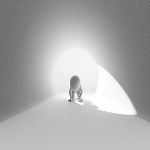 A minimalist 3D rendering of a white figure crawling into a large gray cylindrical tunnel, soft shadows, high contrast lighting, f/8 aperture, 1/125 sec shutter speed, ISO 200, wide-angle lens, front view, studio lighting setup.