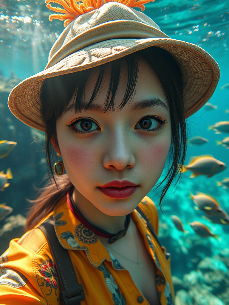 Realistic selfie image of a Taiwanese, wearing a vintage outfit, detailed dreamy eyes, droopy hooded eyes, staring at the camera, taken underwater at coral reef with a sunbeam filtering through the water, vibrant, summer vacation, natural lighting, turtle and school of tropical fish with vibrant colors, rendered in the style of CryEngine, Pegi Nicol MacLeod, with realistic genre scenes, hauntingly beautiful narratives, ultra-realism, and Thomas Saliot's close-up technique, 8K resolution, crystal clear and sparkling water.
