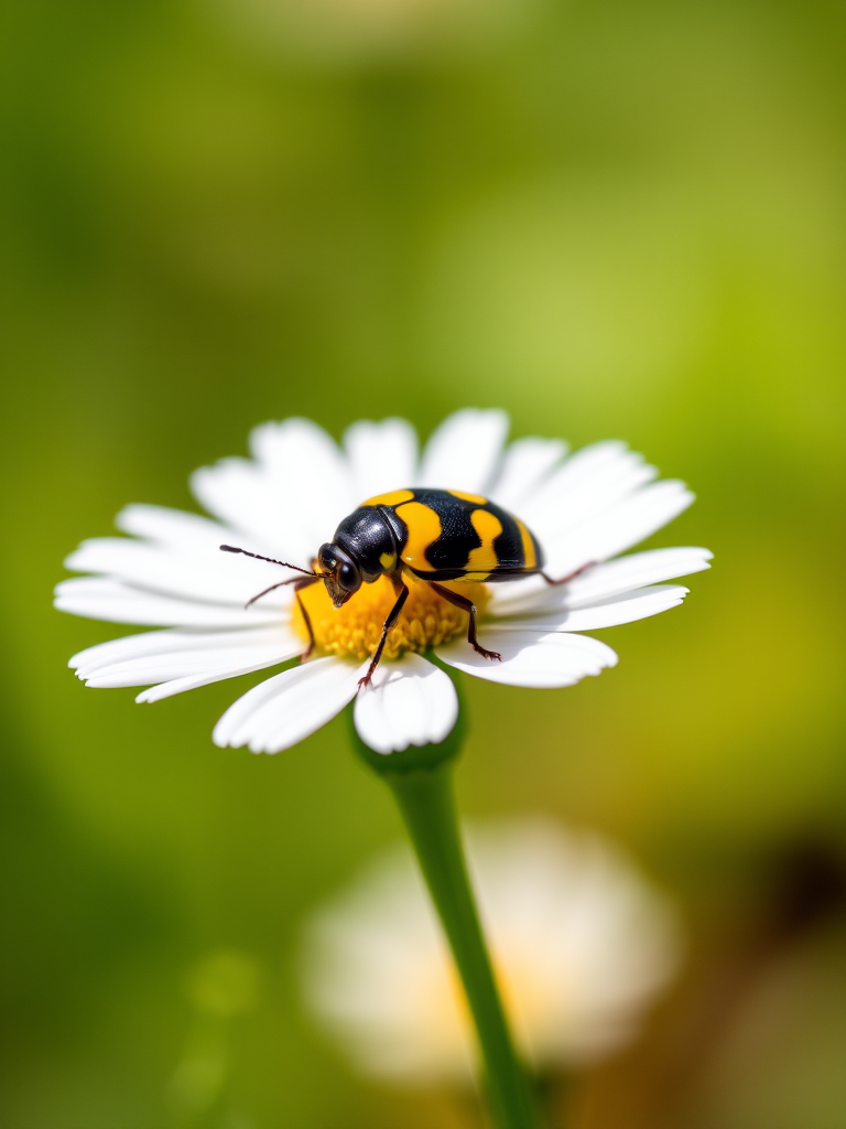 macro shot of a black and yellow striped bug on a white daisy, soft focus background, f-stop 3.5, shutter speed 1/200s, ISO 200, taken with a DSLR camera, 50mm lens, natural lighting
