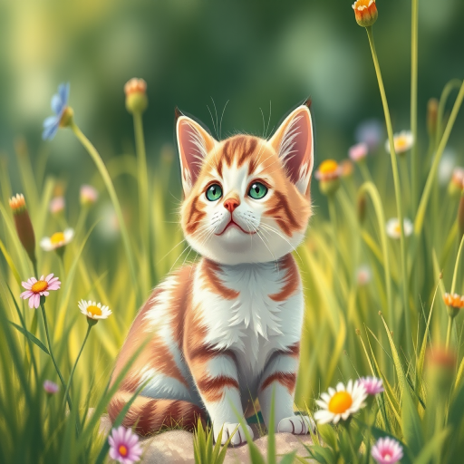 Create a detailed, high-resolution illustration of a cute cat sitting in a natural setting with grass and flowers, using a DSLR camera with a 50mm lens, aperture f/4, ISO 200, and soft natural light to enhance the textures and details.