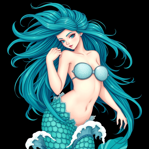 Create a detailed illustration of a mermaid representing Aquarius with flowing hair and waves, set against a dark background, using a high-resolution digital art style, with a focus on vibrant teal and white color contrasts, captured in a close-up view, with soft lighting and a sharp focus, mimicking a DSLR camera, f/2.8 aperture, ISO 100.