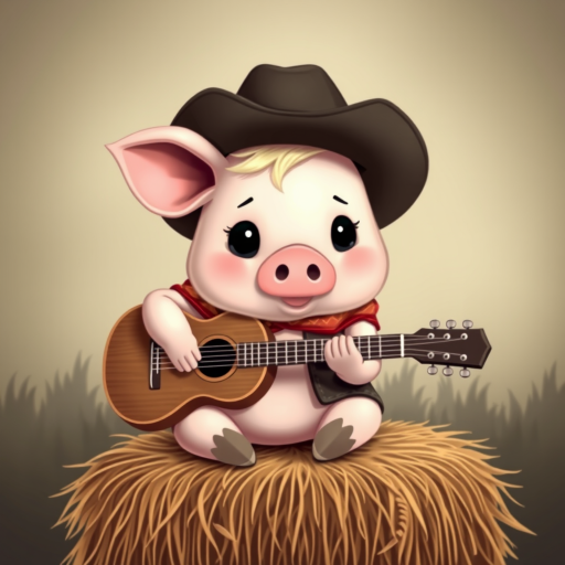 A chibi pig, dressed as a cowboy, playing guitar, sitting on a hay bale