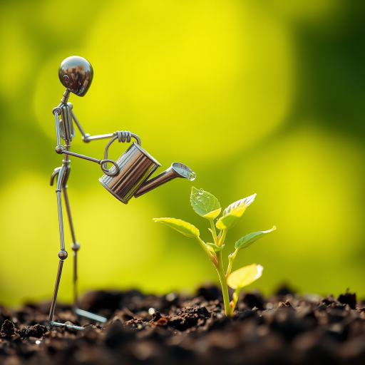 A metal figurine of a person, constructed from thin, silver rods, stands on the left side of the image, facing the viewer. The figurine is holding a small watering can and pouring water onto a young plant, with a few droplets in the air. The plant, with lush green leaves, is situated in the center, growing from dark soil. The background is a soft, out-of-focus blur of green, illuminated by warm, natural light.  The composition creates a sense of depth and intimacy. The image evokes feelings of growth, nurture, and hope.