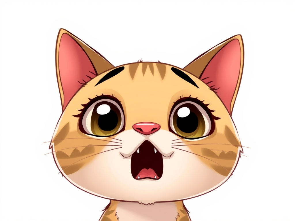 cartoon style illustration of a surprised cat with large eyes, white background, high contrast, close-up view, 50mm lens, f/4 aperture, ISO 100, soft lighting, digital drawing technique