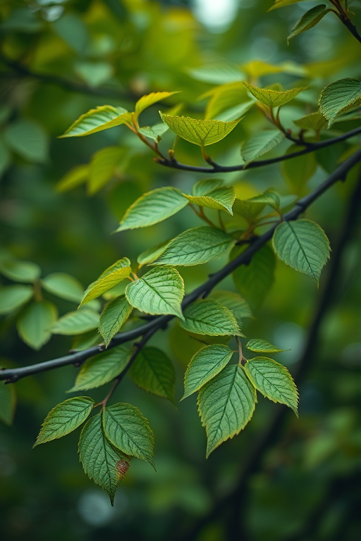 Create a high-resolution digital illustration of green leaves on branches with a focus on vibrant colors and intricate details, captured using a Canon EOS R5 at f/2.8, ISO 100, 50mm lens, with a shallow depth of field and soft lighting to enhance the richness of the foliage.