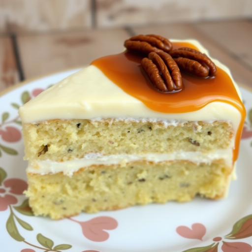 A slice of moist cake layered with creamy frosting, topped with caramel sauce and garnished with pecans, set on a decorative plate with a rustic background.