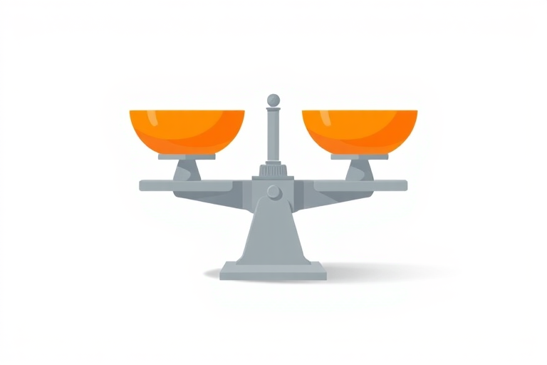 Generate a flat design illustration of a balanced scale, with orange bowls and a gray stand, using a Canon EOS R5 camera, 50mm f/1.8 lens, aperture set to f/5.6, ISO 100, and a clean white background for high contrast and clarity.