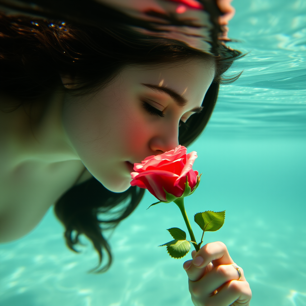 A woman underwater, gazing at a rose Her face is reflected in the water's surface The scene is illuminated by sunlight filtering through the water The atmosphere is serene and contemplative