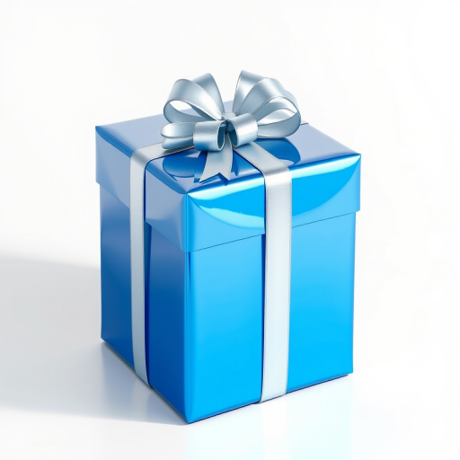 Create a high-resolution 3D rendering of a shiny blue gift box with a silver ribbon on top, using a Canon EOS R5 camera, 50mm lens, f/2.8 aperture, ISO 100, and 1/125 sec shutter speed, set against a clean white background with soft lighting for enhanced shadows and reflections.