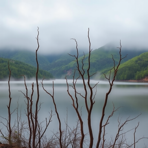 capture a misty landscape of a lake with dead trees in the foreground and lush green hills in the background, using a DSLR camera with a 24mm lens, f/8 aperture, ISO 100, and 1/200 sec shutter speed for enhanced clarity and depth of field