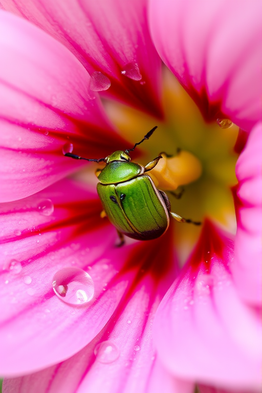 A close-up of a pink and white flower with droplets of water on its petals, featuring a green beetle resting inside the bloom.